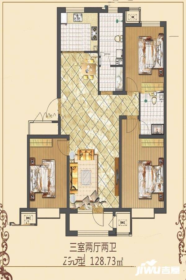 京津雄苑3室2厅2卫128.7㎡户型图