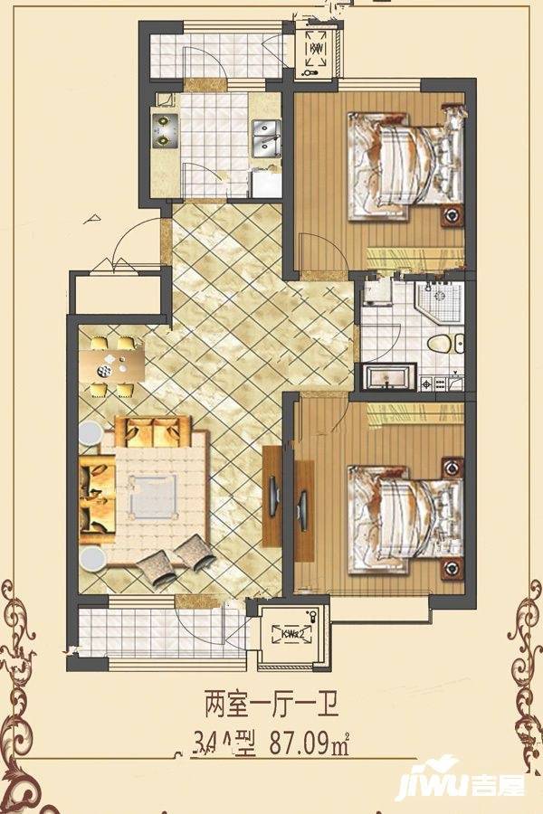京津雄苑2室1厅1卫87.1㎡户型图