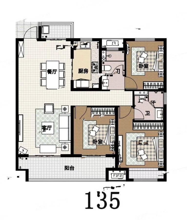 建业花园里3室2厅2卫135㎡户型图