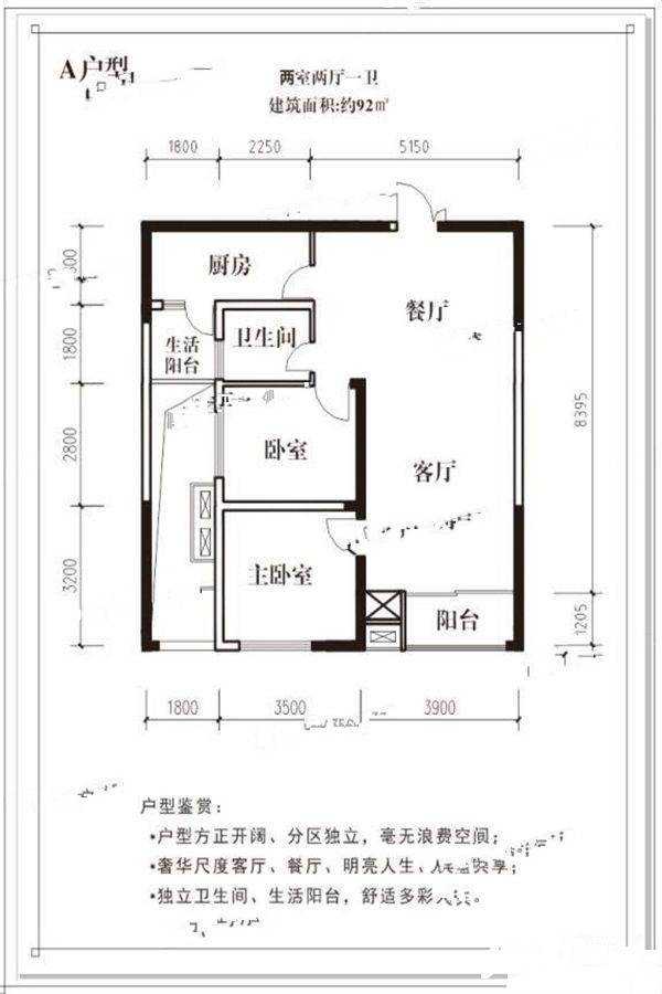 汉江国际2室2厅1卫92㎡户型图