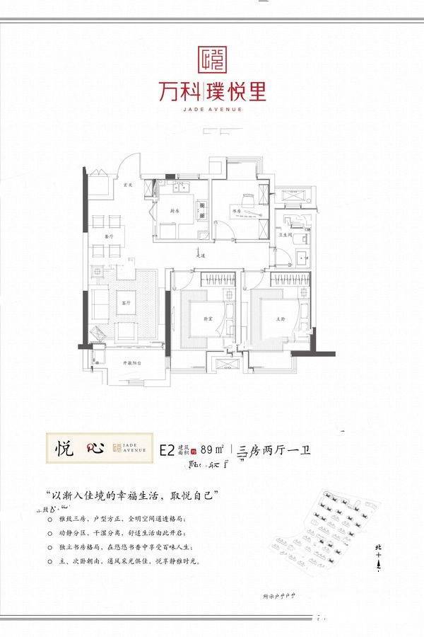 万科璞悦里3室2厅1卫89㎡户型图