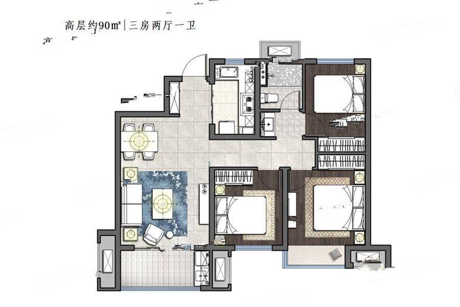 龙湖煌盛春江天玺3室2厅1卫90㎡户型图