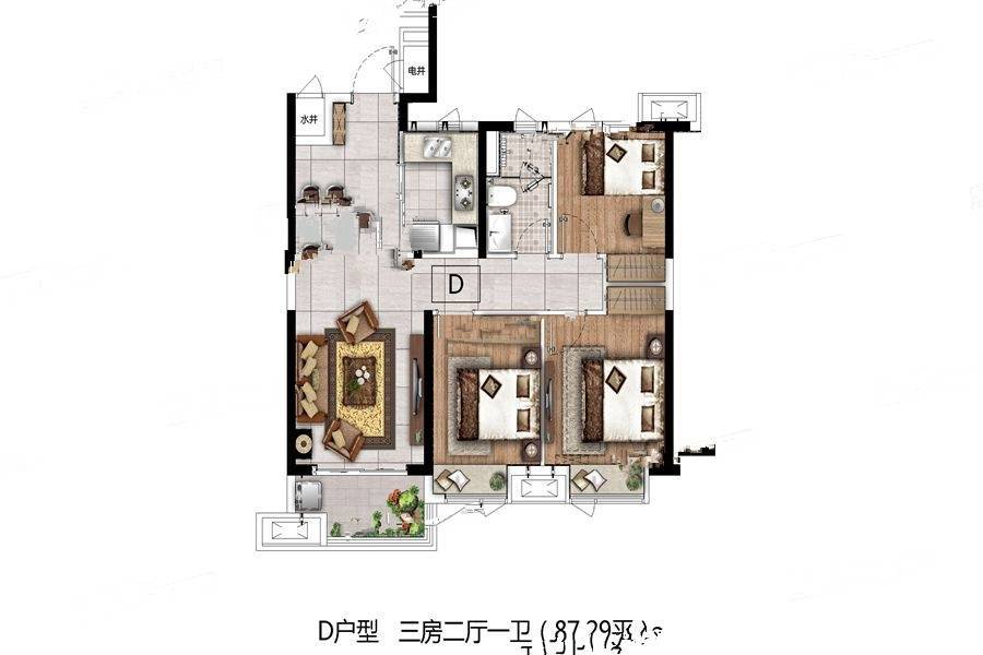 美的花湾城3室2厅1卫89.3㎡户型图