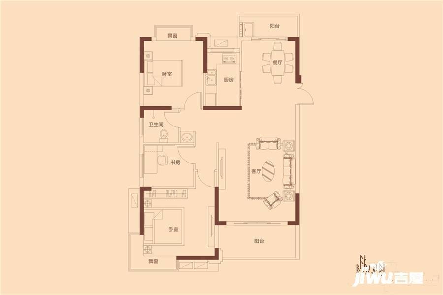 中建汇鑫花苑3室2厅1卫108.5㎡户型图