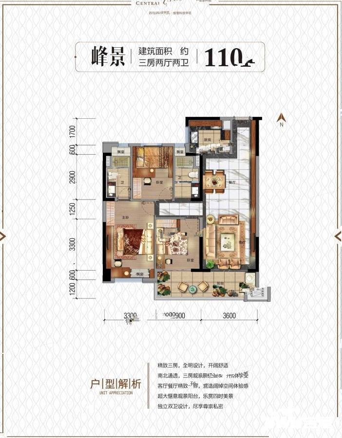 碧桂园天玺3室2厅2卫110㎡户型图