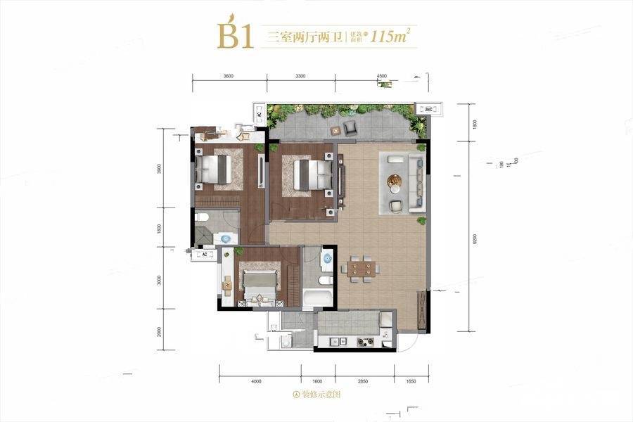 正黄翡翠湾3室2厅2卫115㎡户型图