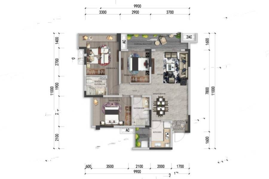 遂宁健康城圣平澜岸3室2厅2卫102㎡户型图