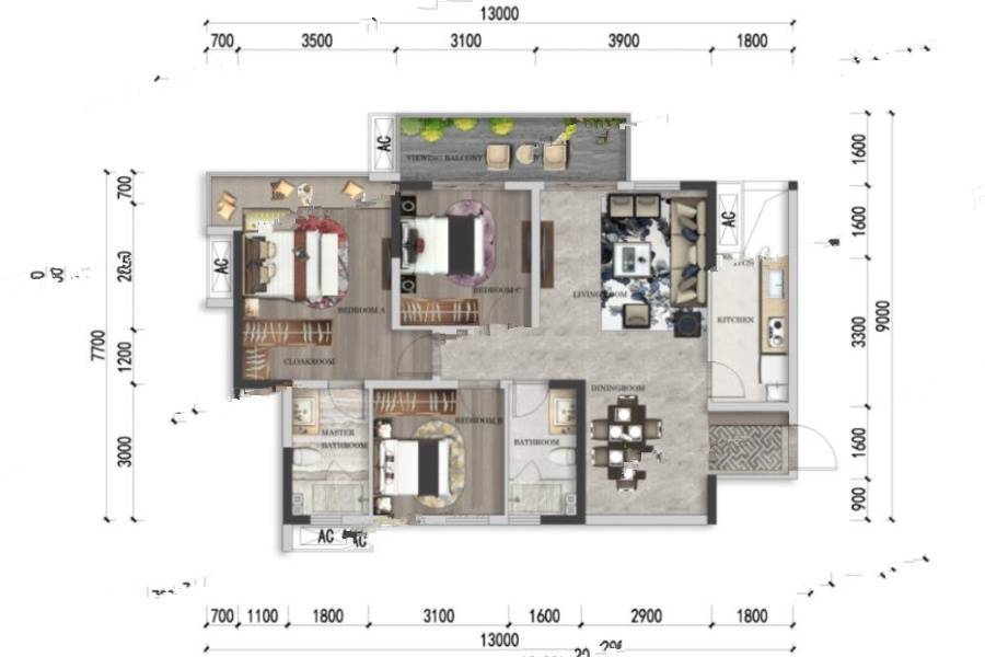 遂宁健康城圣平澜岸3室2厅2卫103㎡户型图