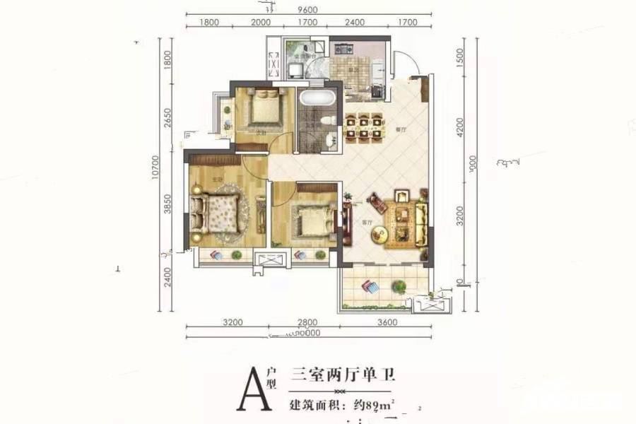 敏捷锦绣源著3室2厅1卫89㎡户型图