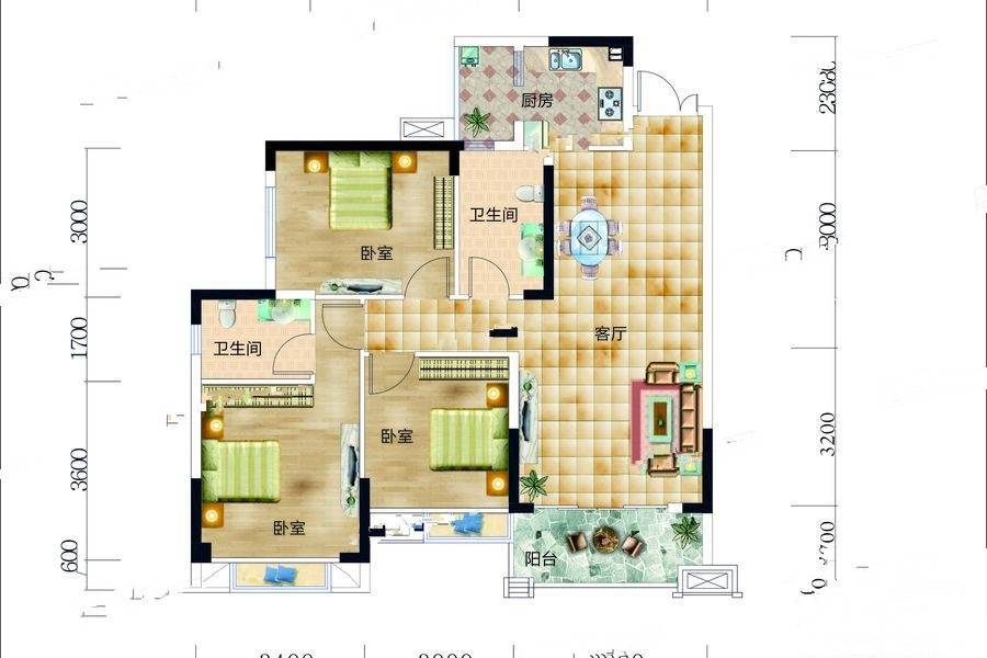 加德城市豪庭3室2厅2卫105.7㎡户型图