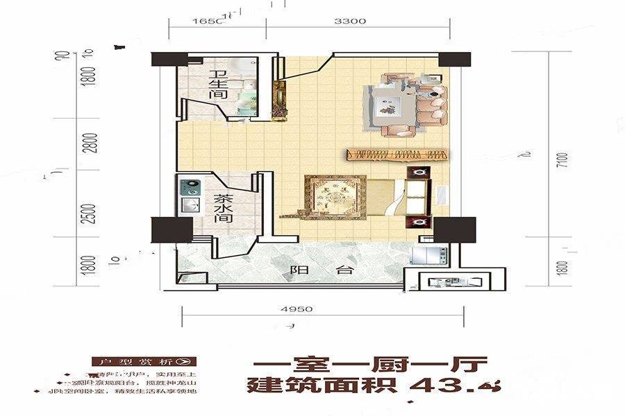 广安明发国际广场公寓43.43㎡户型图_首付金额_1室1厅1卫_43.