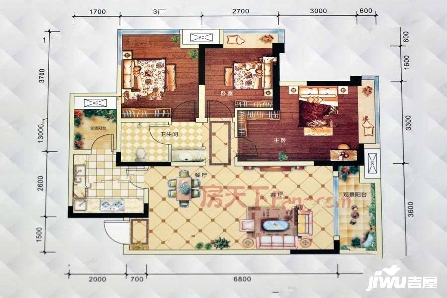 前后互联网小镇3室2厅1卫91.1㎡户型图