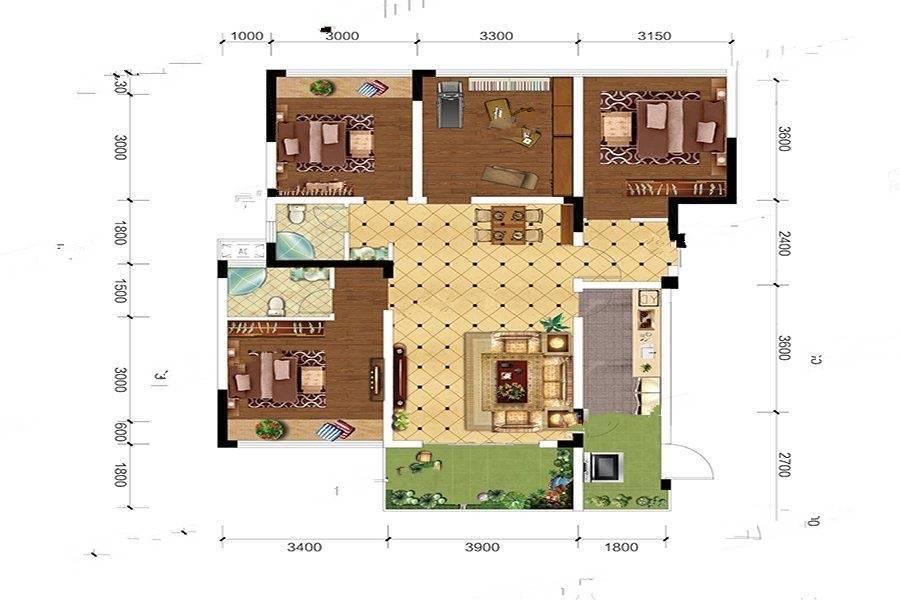 凰腾龙玺3室2厅2卫84.1㎡户型图