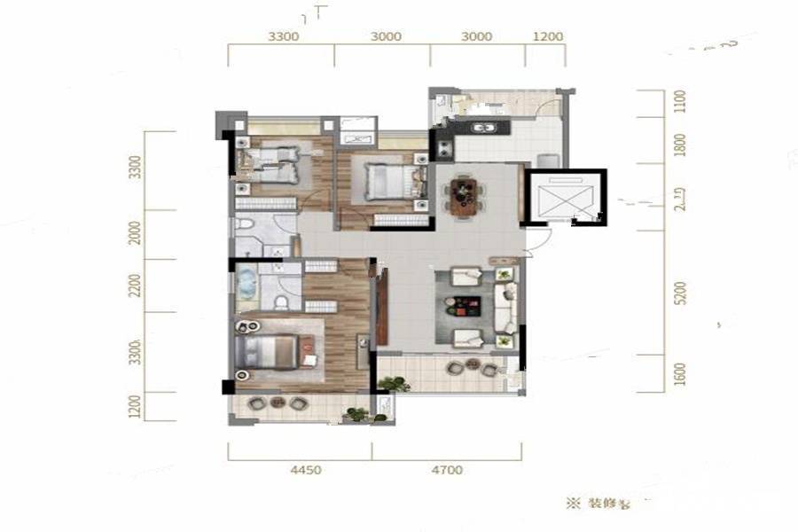 凸凹紫云府3室2厅2卫111㎡户型图