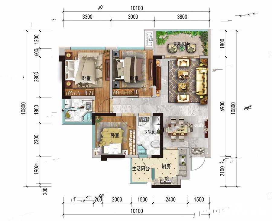 和喜御荣府3室2厅2卫88㎡户型图