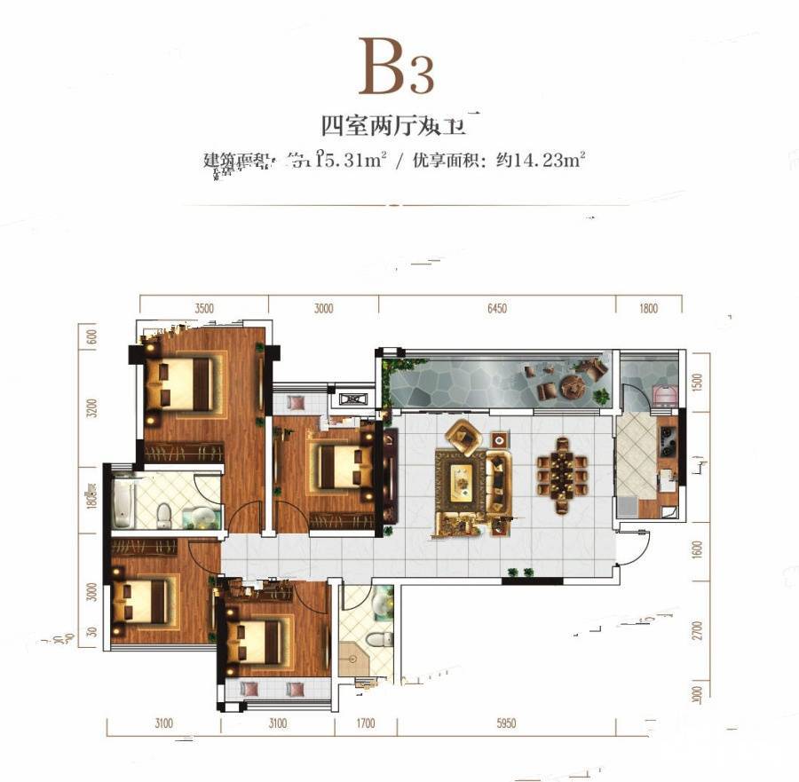 盛煌南城国际4室2厅2卫115.3㎡户型图