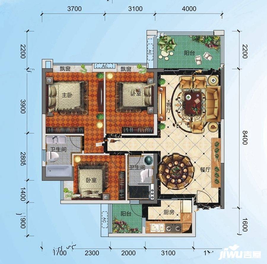 郁江湾3室2厅2卫111.3㎡户型图