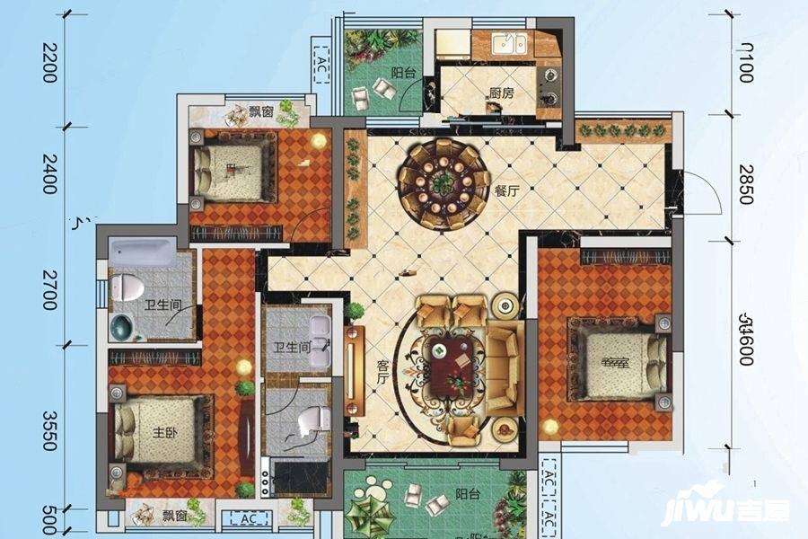 郁江湾3室2厅2卫127.1㎡户型图