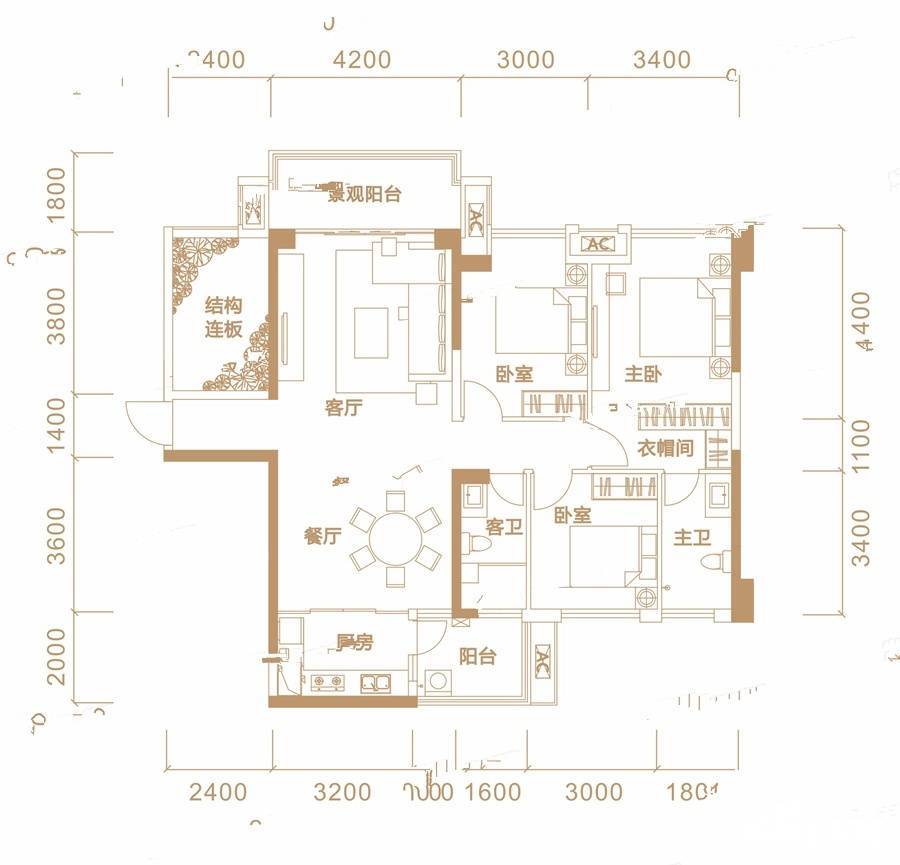 盛世悦城3室2厅2卫125.4㎡户型图