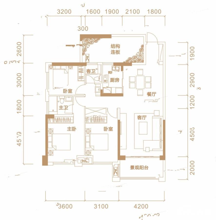 盛世悦城3室2厅2卫121.4㎡户型图