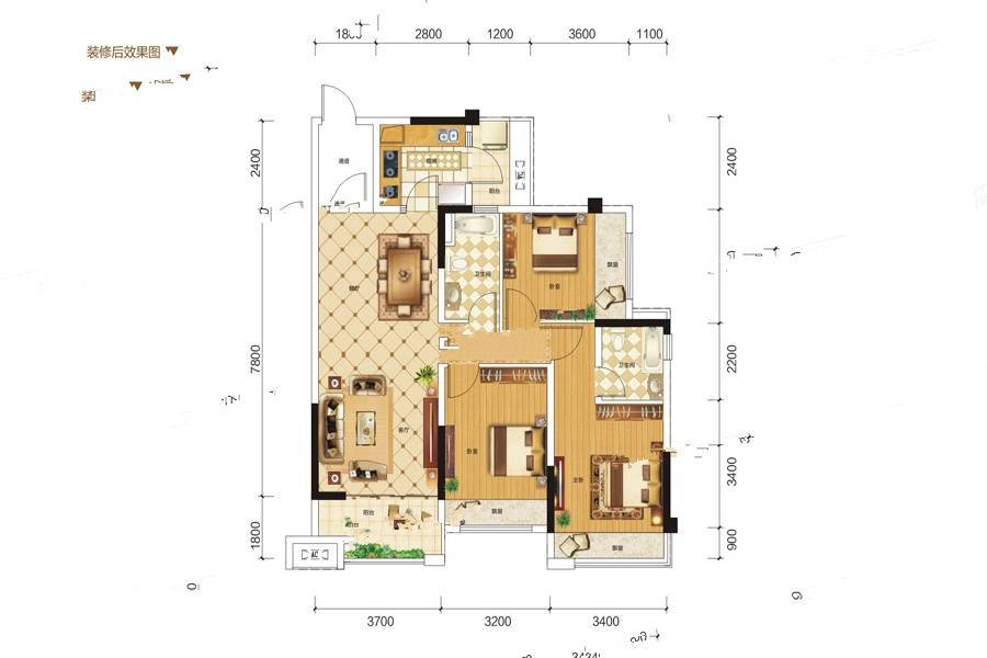 广汇圣湖城3室2厅2卫107.1㎡户型图