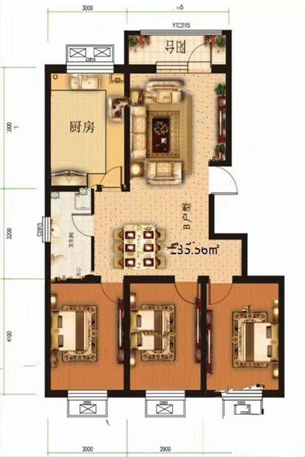 富力园小区3室2厅1卫135.6㎡户型图