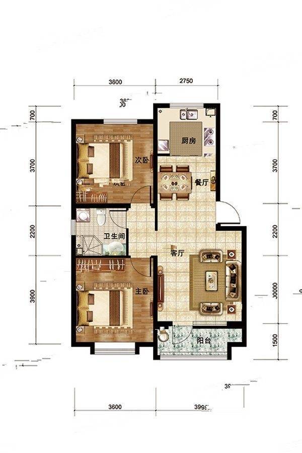 恒泰朗寓2室2厅1卫92㎡户型图