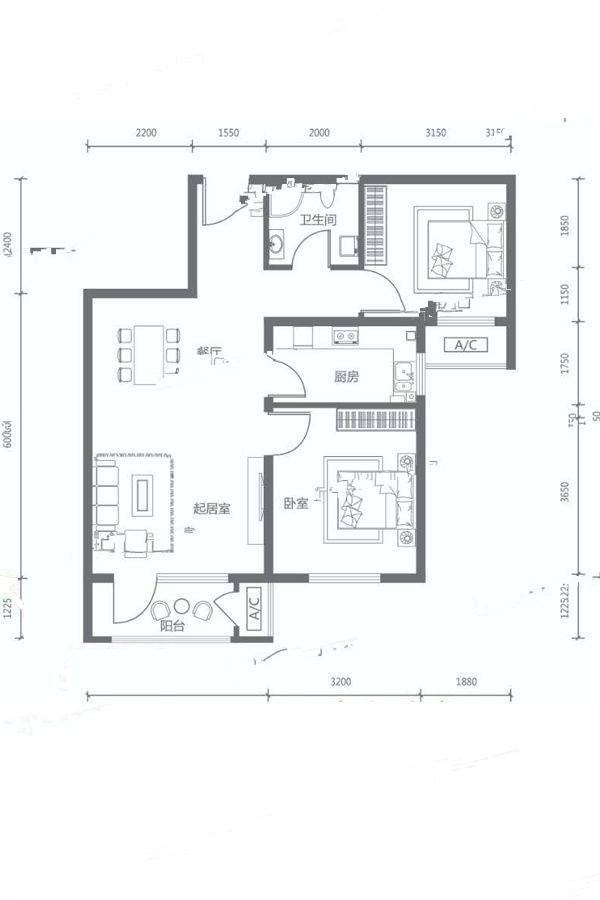 福泰铂瑞华府2室2厅1卫83㎡户型图