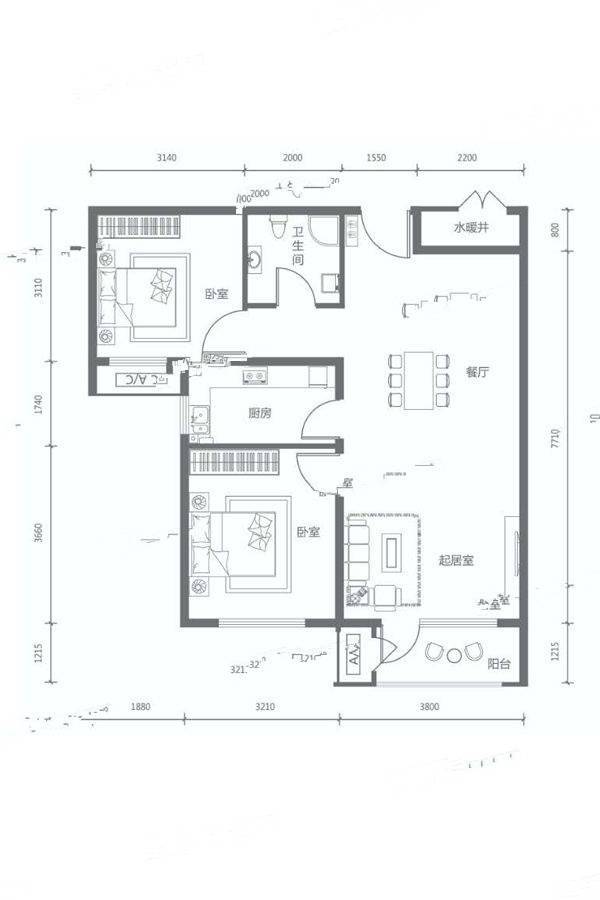 福泰铂瑞华府2室2厅1卫82㎡户型图