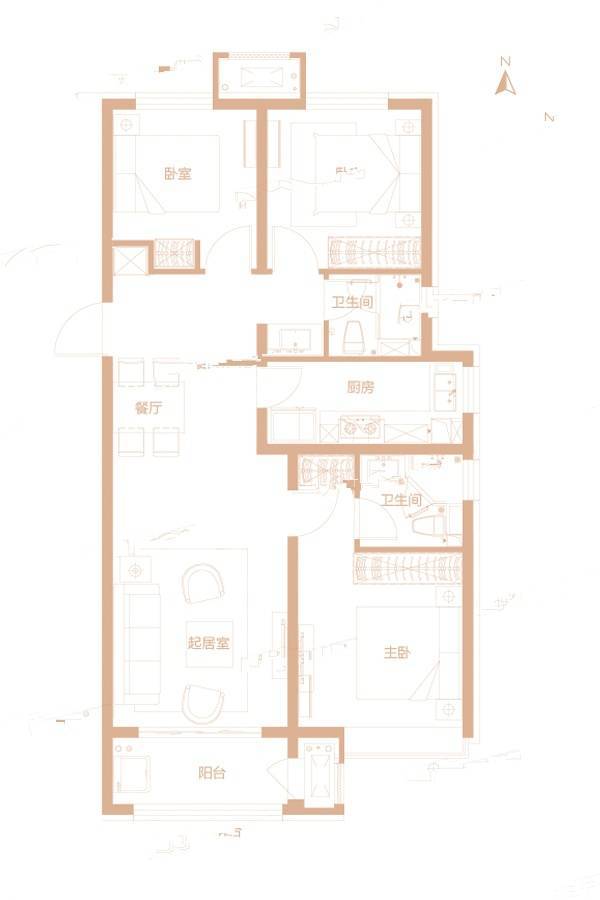 曹妃甸富力城3室2厅2卫120㎡户型图