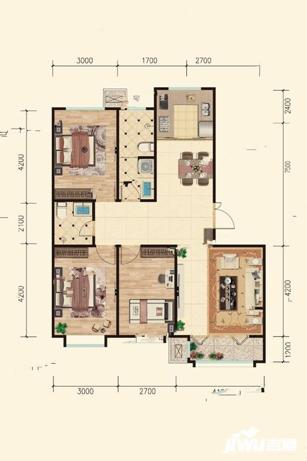 秀水名居3室2厅2卫116.3㎡户型图