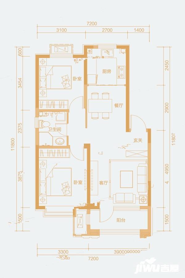 中国铁建海语昕居2室2厅1卫92㎡户型图