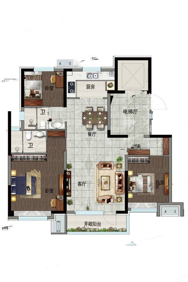 碧桂园天润时代3室2厅2卫124㎡户型图