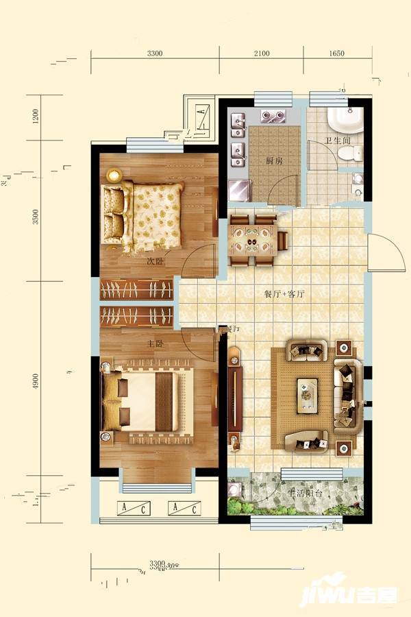 金山壹号三期2室2厅1卫91㎡户型图