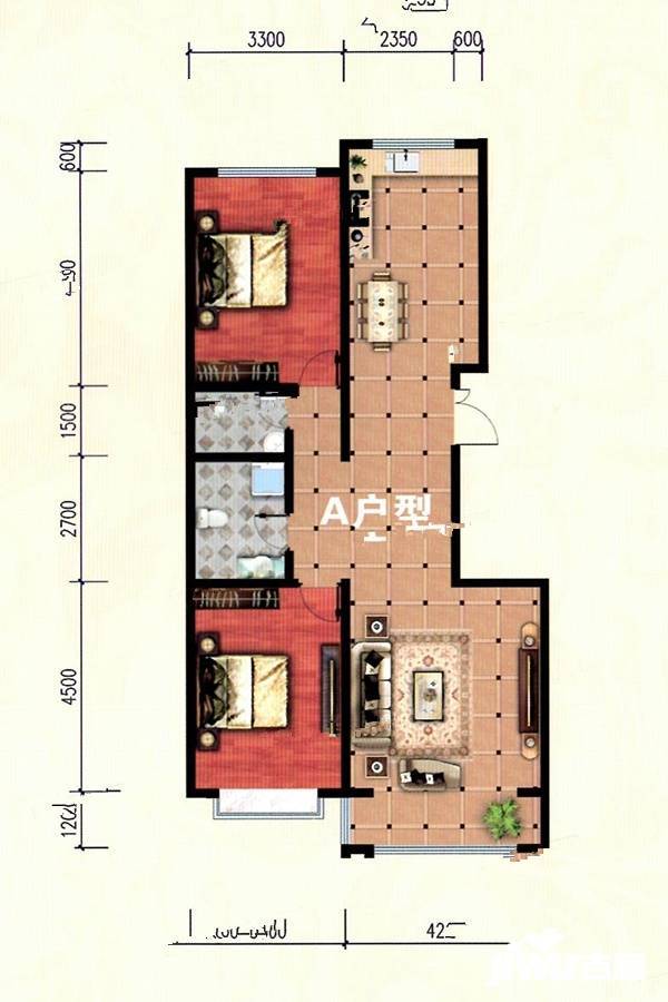 万福豪庭2室2厅2卫111.2㎡户型图