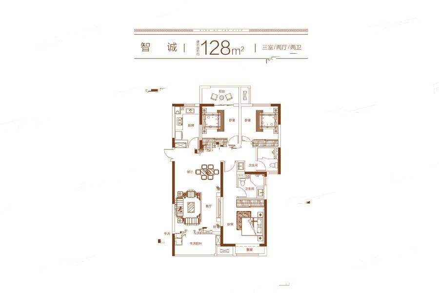 灵宝建业壹号城邦3室2厅2卫128㎡户型图