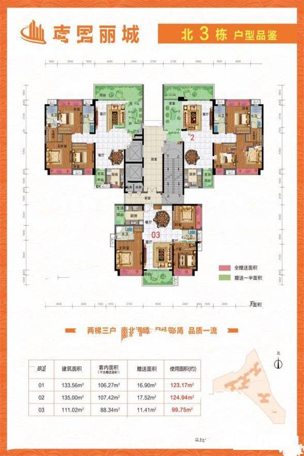 嘉达南国丽城3室2厅2卫133.6㎡户型图