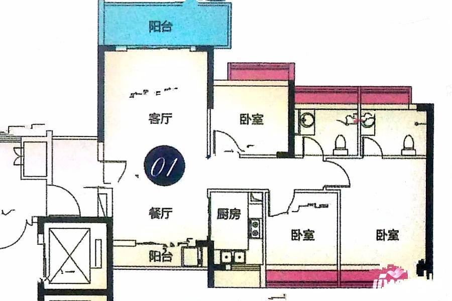 万领蓝山彼岸3室2厅2卫98.4㎡户型图