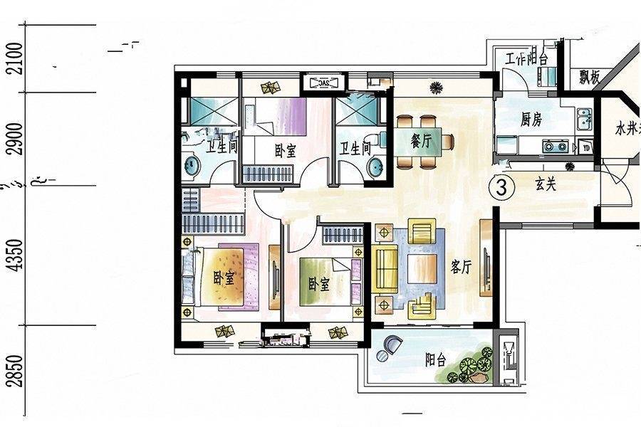 保利春天里3室2厅2卫111.2㎡户型图