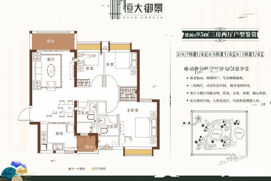 恒大御景3室2厅2卫95㎡户型图