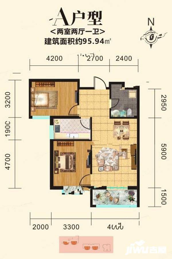 明昊家园2室2厅1卫96㎡户型图