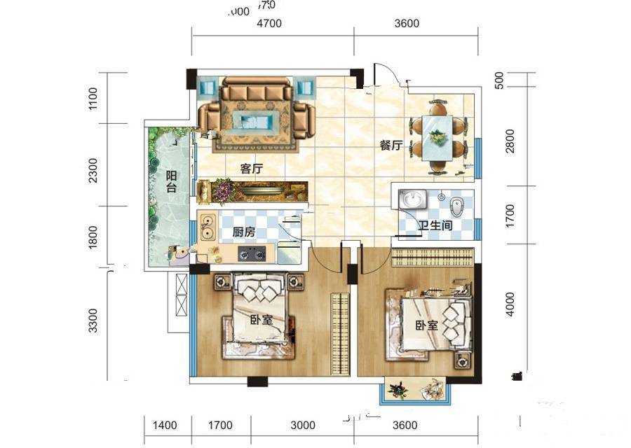 汇通尚居2室2厅1卫89.2㎡户型图