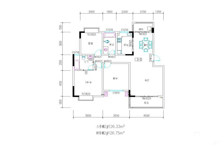 洪源居3室2厅2卫126㎡户型图