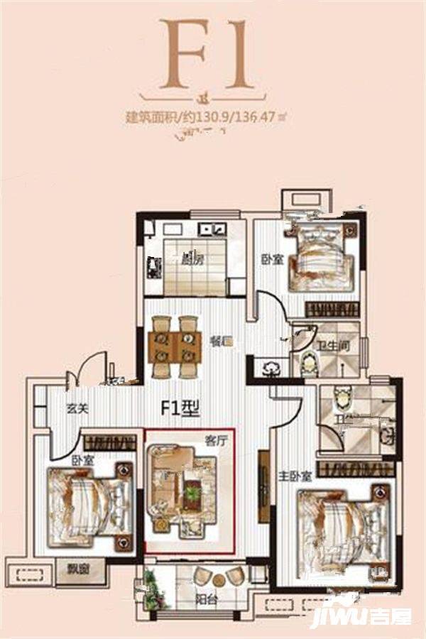 天佑福邸3室2厅2卫130.9㎡户型图