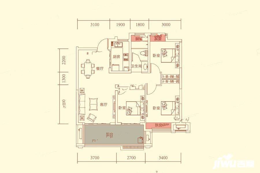 华盛南院3室2厅1卫98㎡户型图
