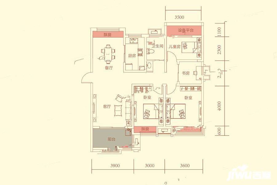 华盛南院4室2厅1卫114㎡户型图