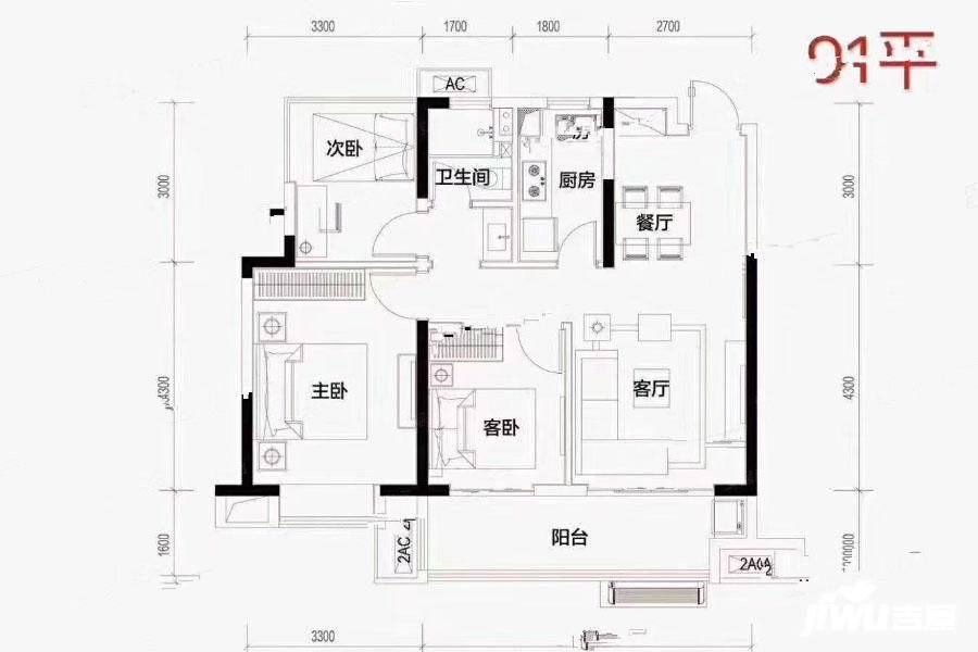 绿地柏仕公馆3室2厅1卫91㎡户型图