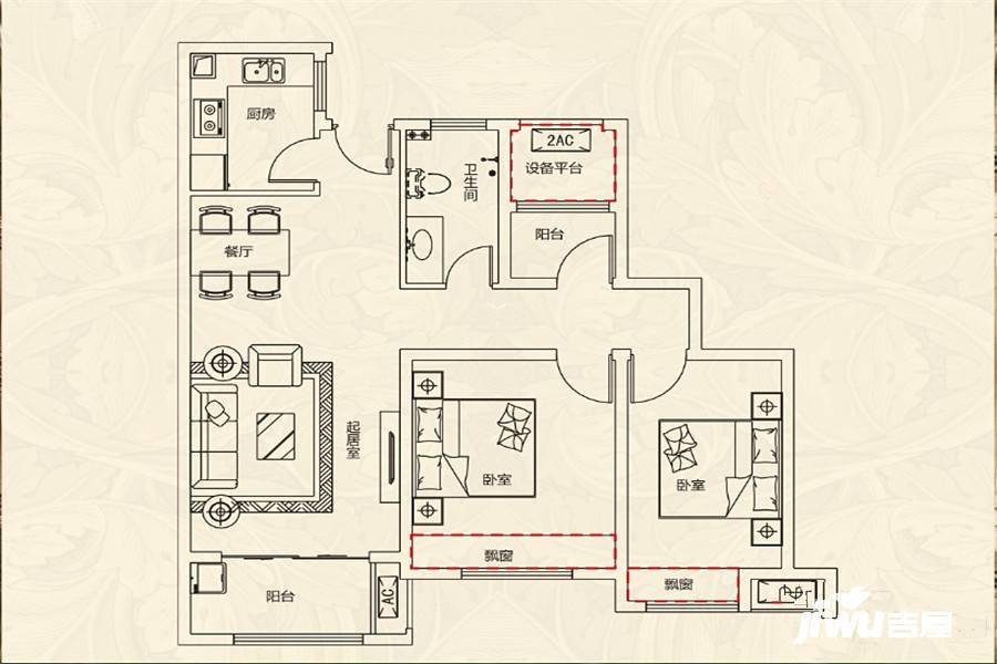 文一名门北郡2室2厅1卫89㎡户型图