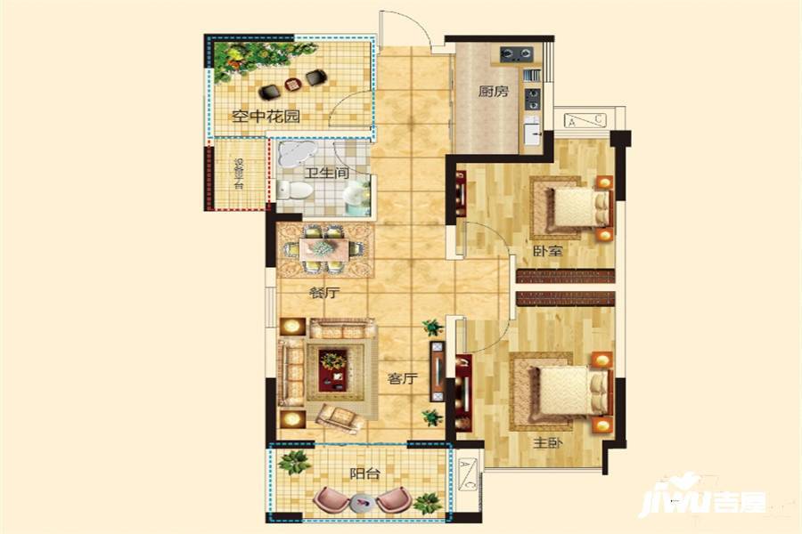 光明北部湾2室2厅1卫88.3㎡户型图