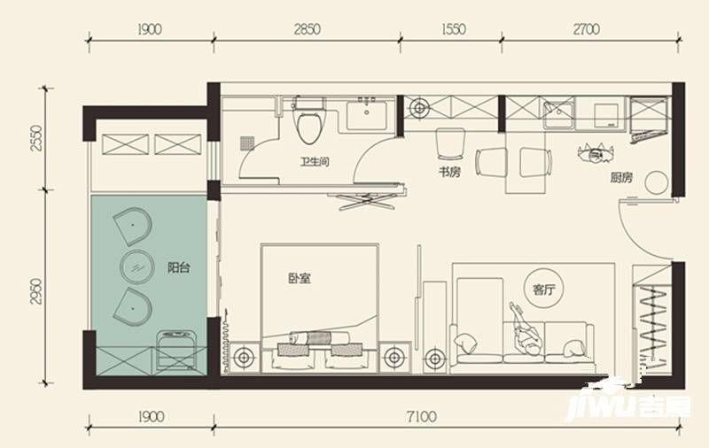 华盛大运城1室1厅1卫53㎡户型图